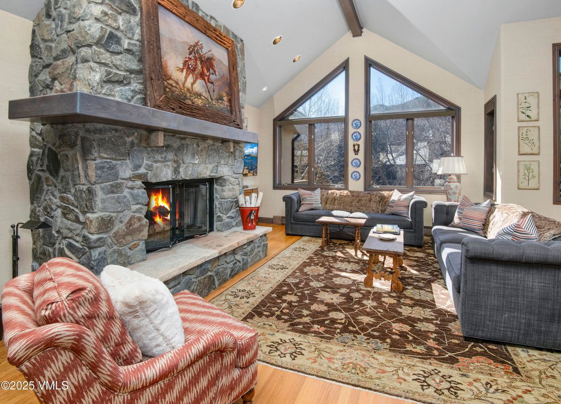 Fireplace, Interior, Living room, Recessed Lighting, Stone Walls, Wooden Beams, Wood Texture Flooring
