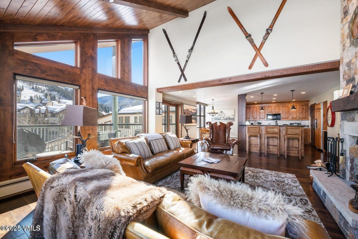 Fireplace, Interior, Kitchen, Living room, Pendant Lights, Recessed Lighting, Wooden Beams, Wooden Ceilings, Wood Texture Flooring