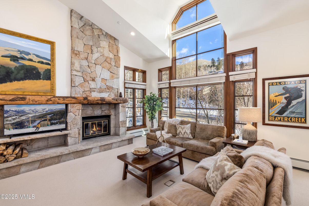 Fireplace, Interior, Living room, Recessed Lighting, Stone Walls
