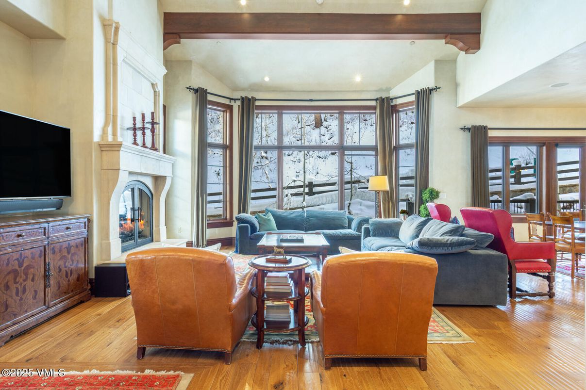 Fireplace, Interior, Living room, Recessed Lighting, Wooden Beams, Wood Texture Flooring