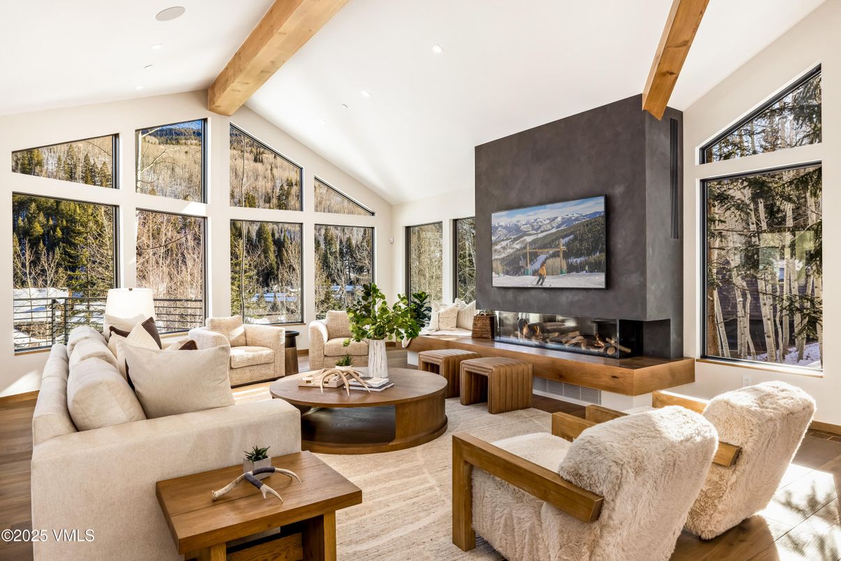 Fireplace, Interior, Living room, Recessed Lighting, Wooden Beams, Wood Texture Flooring