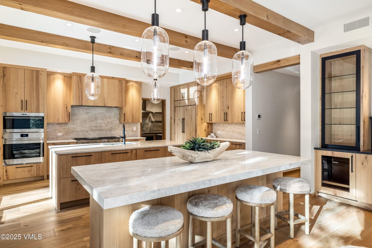 Interior, Kitchen, Pendant Lights, Recessed Lighting, Stainless Steel Appliances, Wooden Beams, Wood Texture Flooring