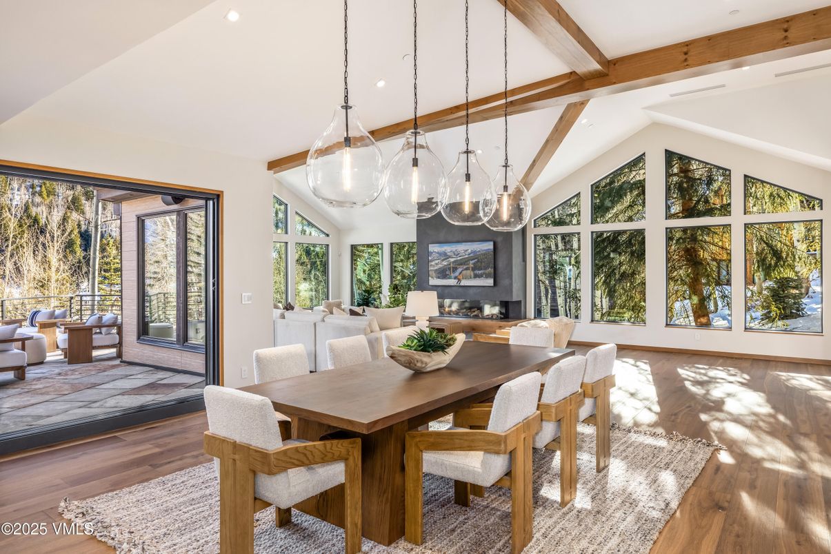 Dining room, Interior, Pendant Lights, Recessed Lighting, Wooden Beams, Wood Texture Flooring