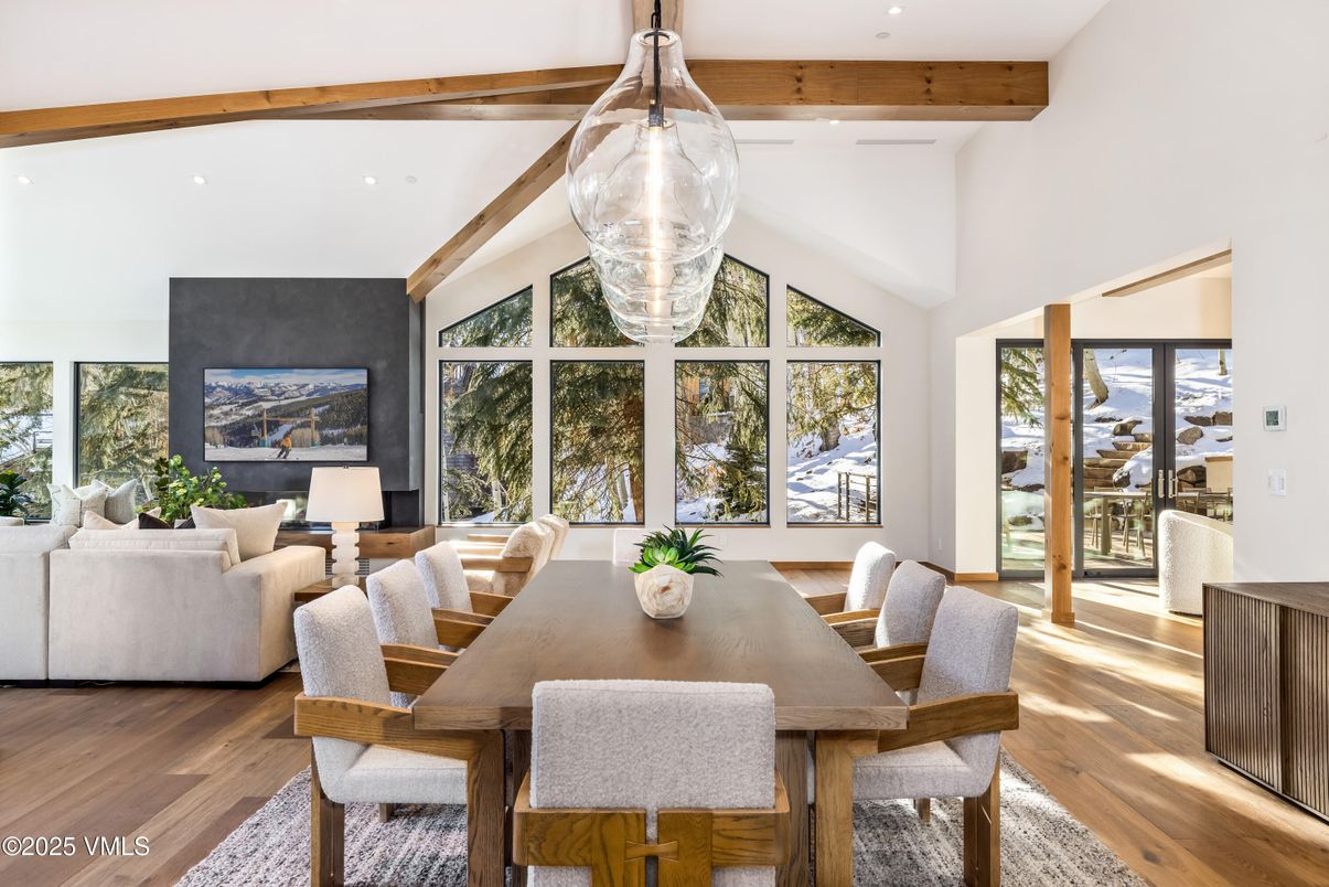 Dining room, Interior, Living room, Pendant Lights, Recessed Lighting, Wooden Beams, Wood Texture Flooring