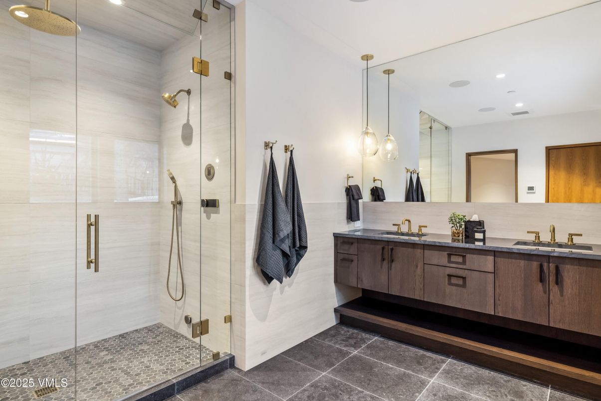 Bathroom, Dual Sink Vanities, Glass Shower, Interior, Pendant Lights, Recessed Lighting