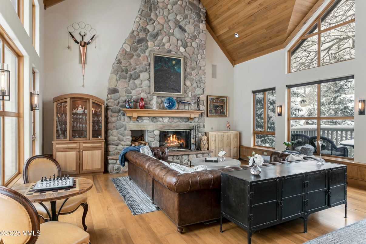 Fireplace, Interior, Living room, Recessed Lighting, Stone Walls, Wooden Ceilings, Wood Texture Flooring