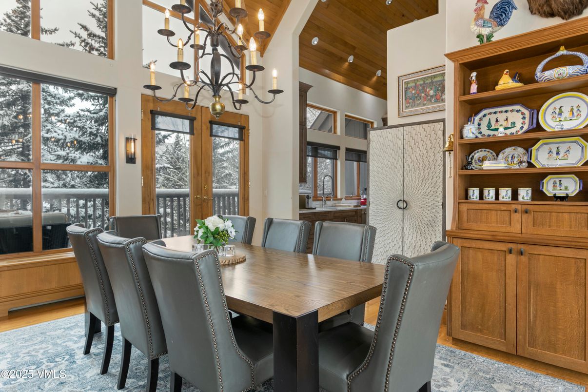 Chandelier, Dining room, Interior, Recessed Lighting, Wooden Ceilings, Wood Texture Flooring