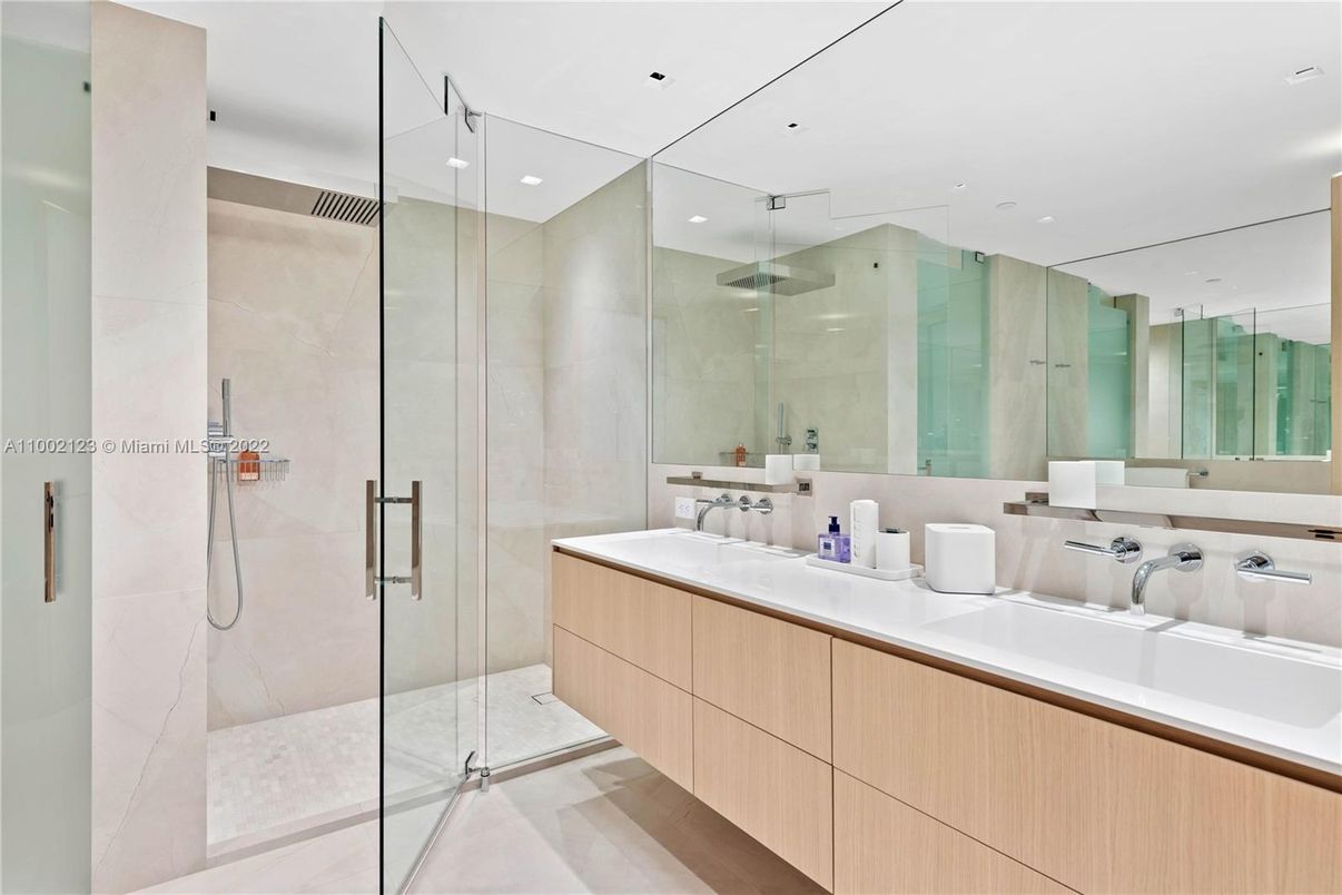 Bathroom, Dual Sink Vanities, Glass Shower, Interior, Recessed Lighting, Wood Texture Flooring