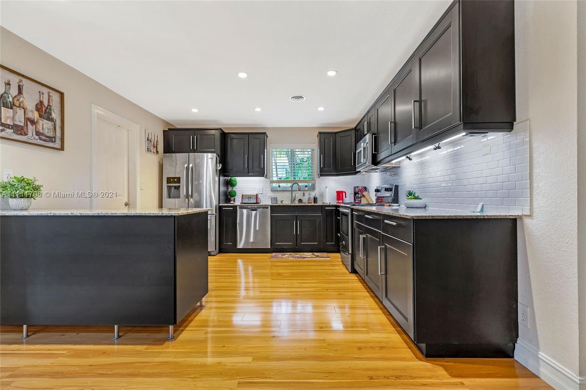 Interior, Kitchen, Recessed Lighting, Stainless Steel Appliances, Wood Texture Flooring