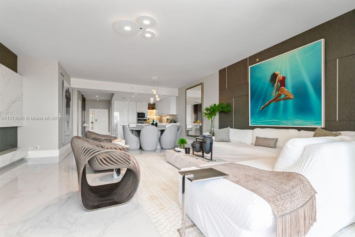 Dining room, Fireplace, Interior, Kitchen, Living room, Marble, Pendant Lights, Recessed Lighting