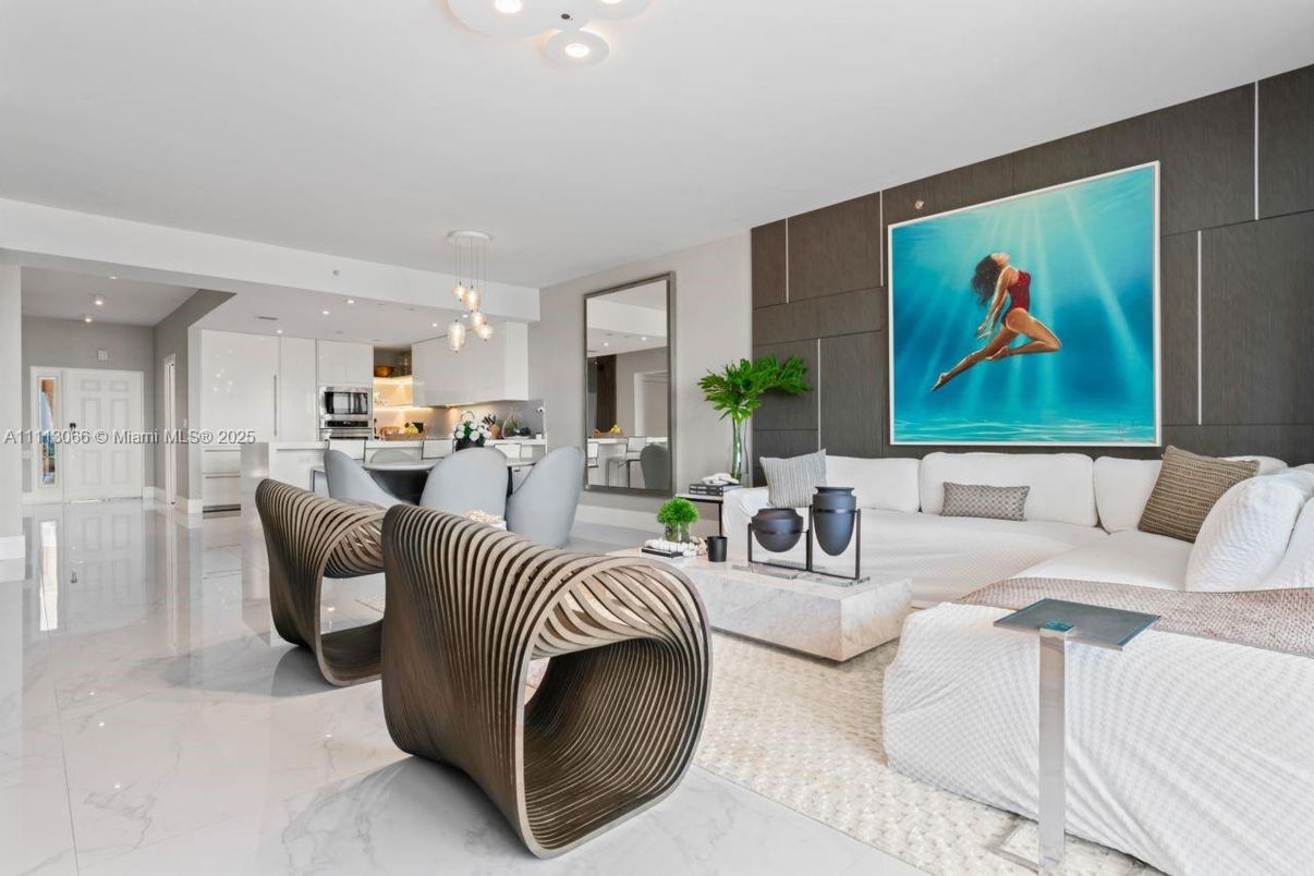 Dining room, Interior, Kitchen, Living room, Marble, Pendant Lights, Recessed Lighting, Stainless Steel Appliances