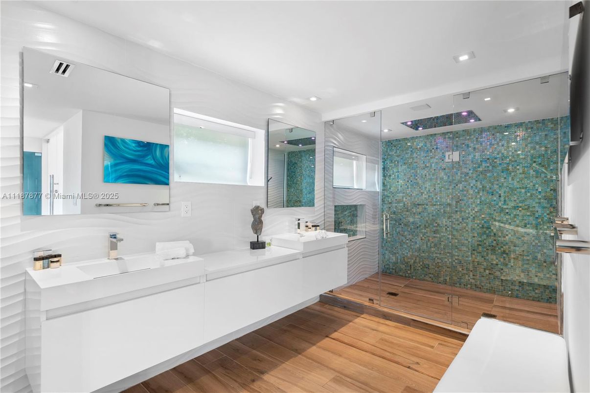 Bathroom, Dual Sink Vanities, Glass Shower, Interior, Recessed Lighting, Wood Texture Flooring