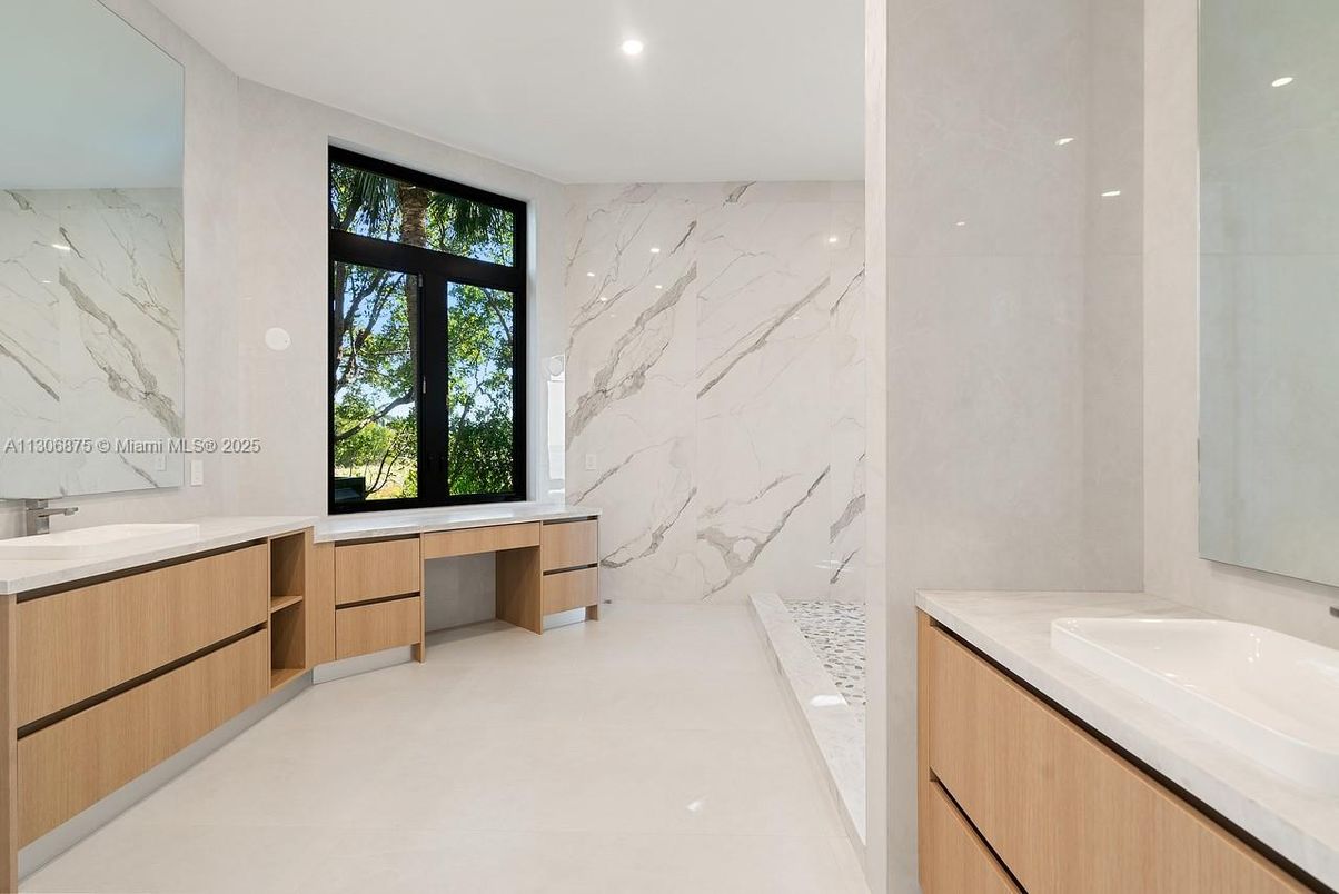 Bathroom, Dual Sink Vanities, Interior, Marble Walls, Recessed Lighting