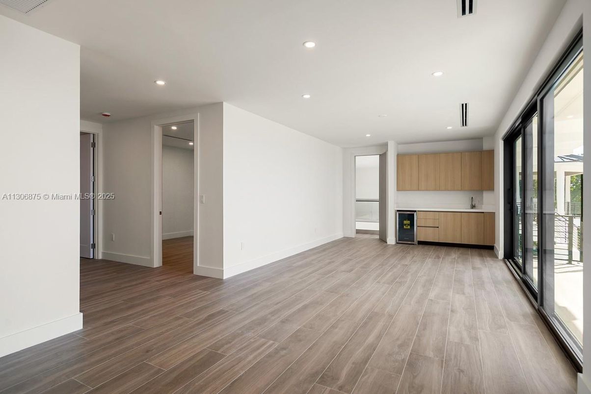 Empty room, Interior, Kitchen, Recessed Lighting, Wood Texture Flooring