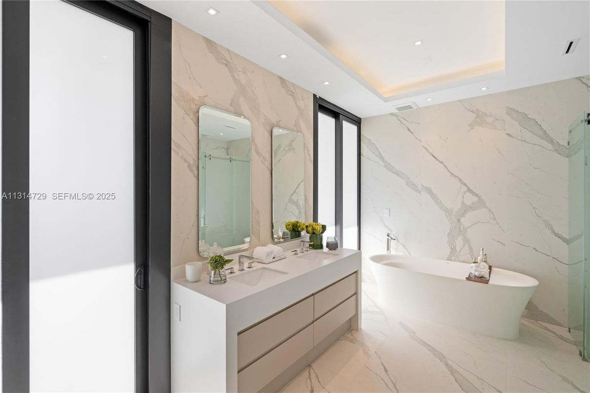 Bathroom, Glass Shower, Interior, Marble Walls, Recessed Lighting