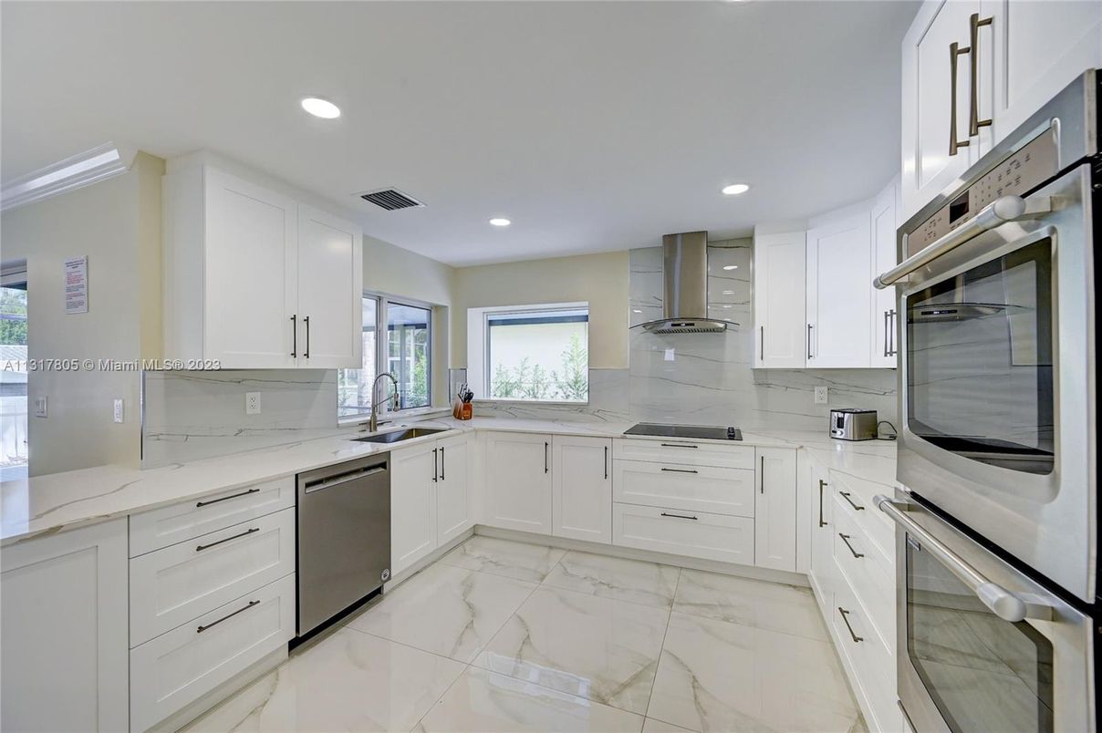 Interior, Kitchen, Marble, Recessed Lighting, Stainless Steel Appliances
