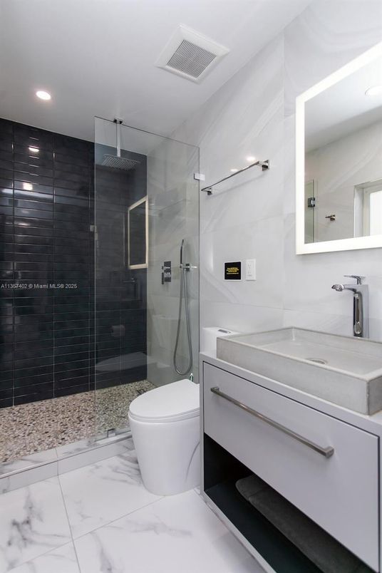 Bathroom, Glass Shower, Interior, Marble, Recessed Lighting