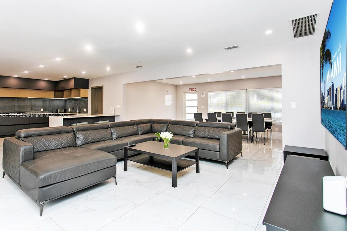 Dining room, Interior, Kitchen, Living room, Marble, Recessed Lighting, Stainless Steel Appliances