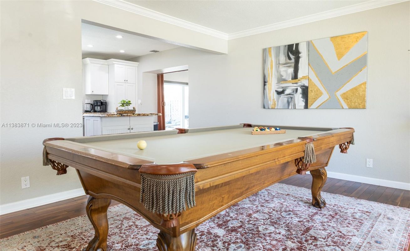Billiard Table, Game Room, Interior, Recessed Lighting, Wood Texture Flooring