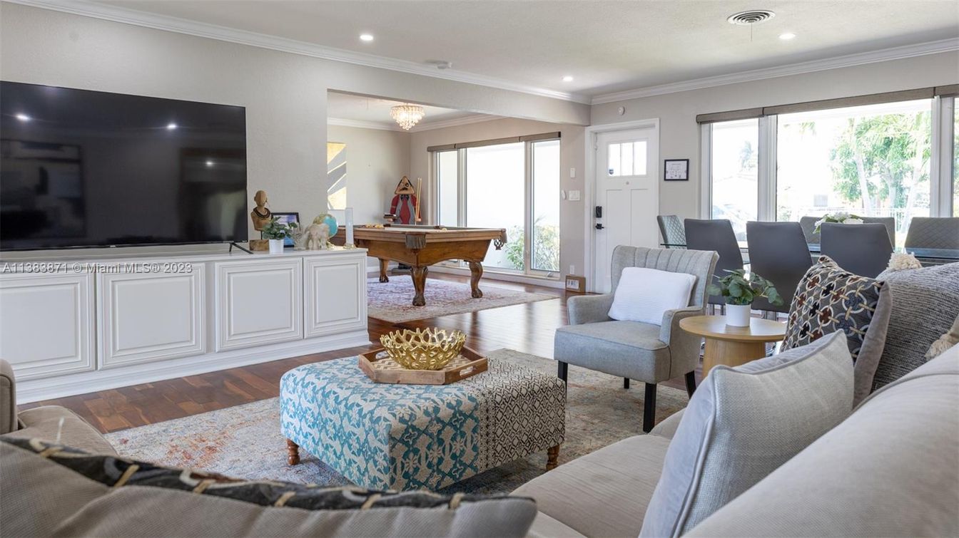 Billiard Table, Chandelier, Game Room, Interior, Living room, Recessed Lighting, Wood Texture Flooring