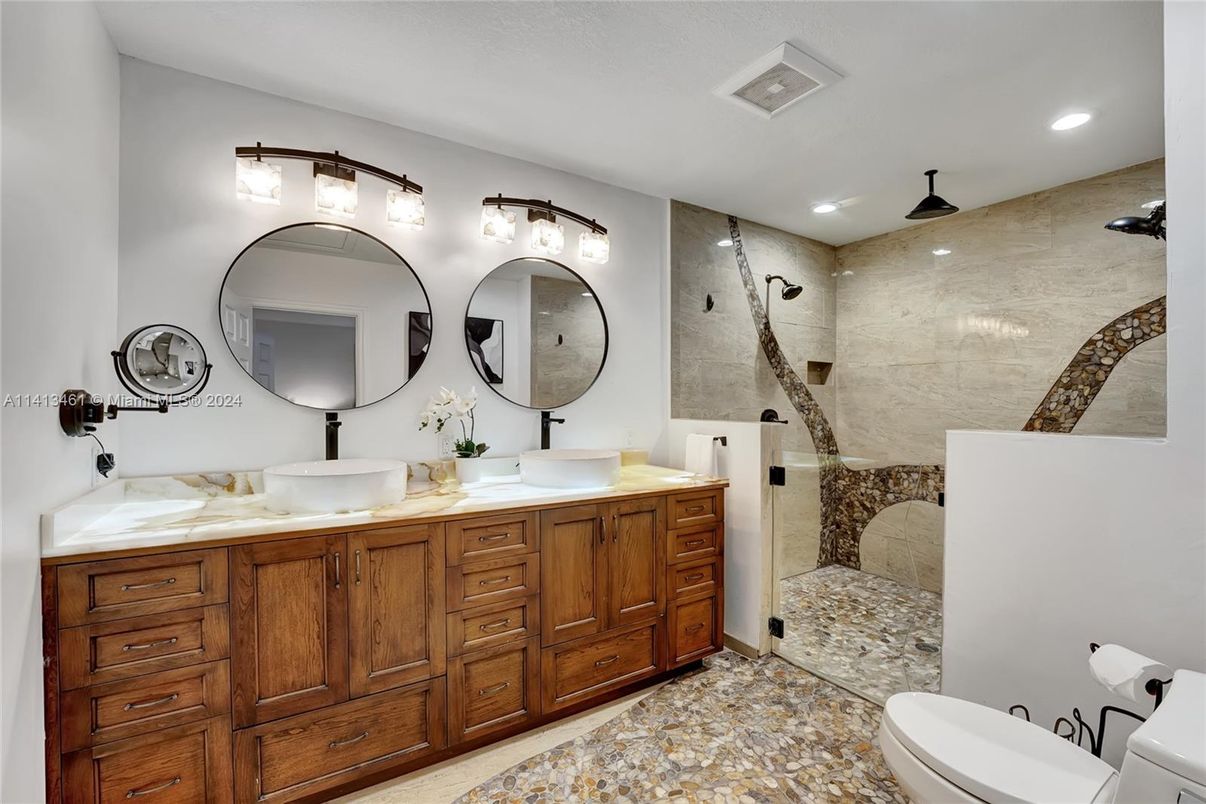 Bathroom, Dual Sink Vanities, Glass Shower, Interior, Recessed Lighting
