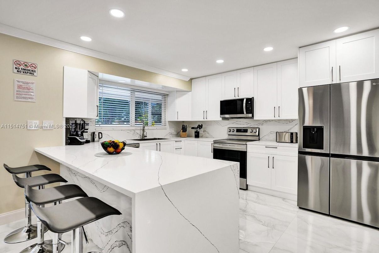 Interior, Kitchen, Marble, Recessed Lighting, Stainless Steel Appliances