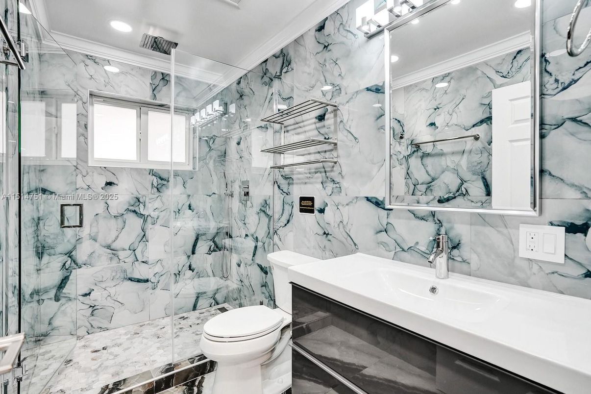 Bathroom, Glass Shower, Interior, Marble Walls, Recessed Lighting
