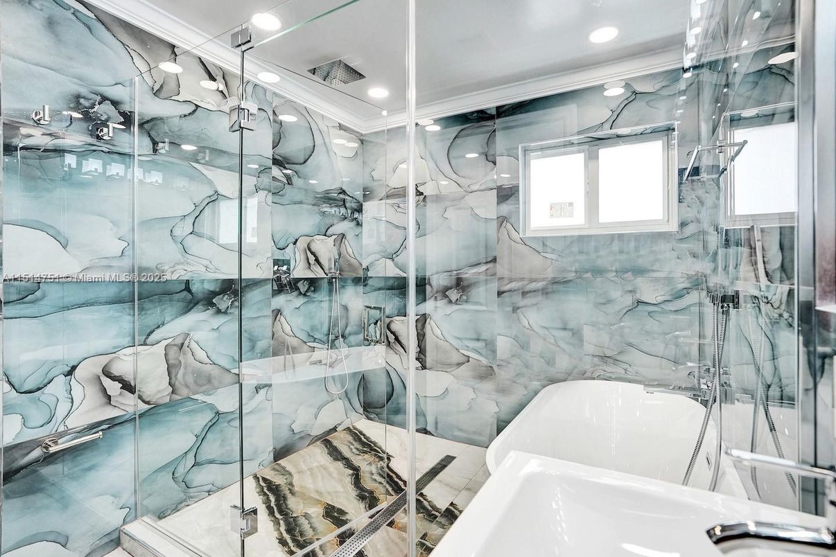 Bathroom, Glass Shower, Interior, Marble Walls, Recessed Lighting