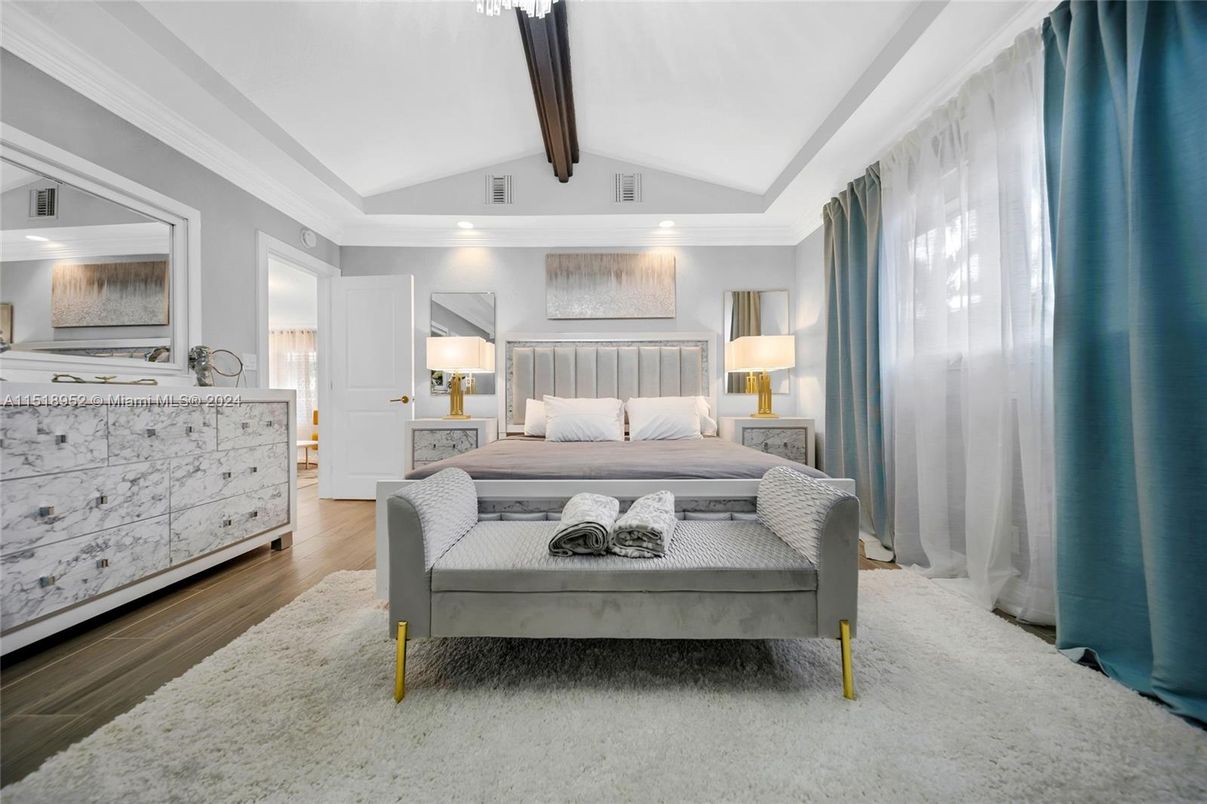 Bedroom, Interior, Recessed Lighting, Wooden Beams, Wood Texture Flooring