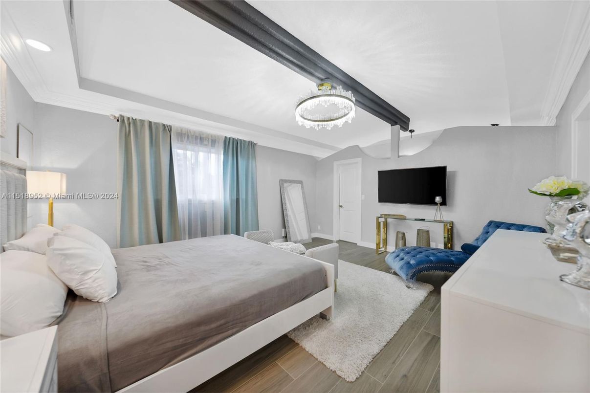 Bedroom, Chandelier, Interior, Recessed Lighting, Wood Texture Flooring