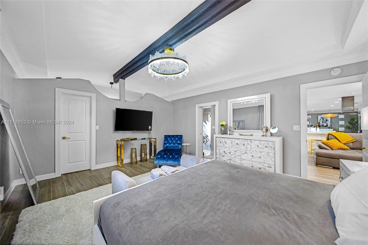 Bedroom, Chandelier, Interior, Wood Texture Flooring