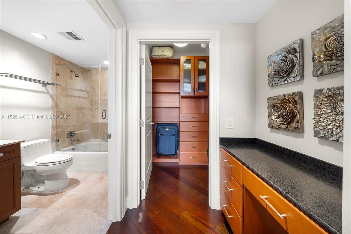 Bathroom, Glass Shower, Interior, Recessed Lighting, Wood Texture Flooring