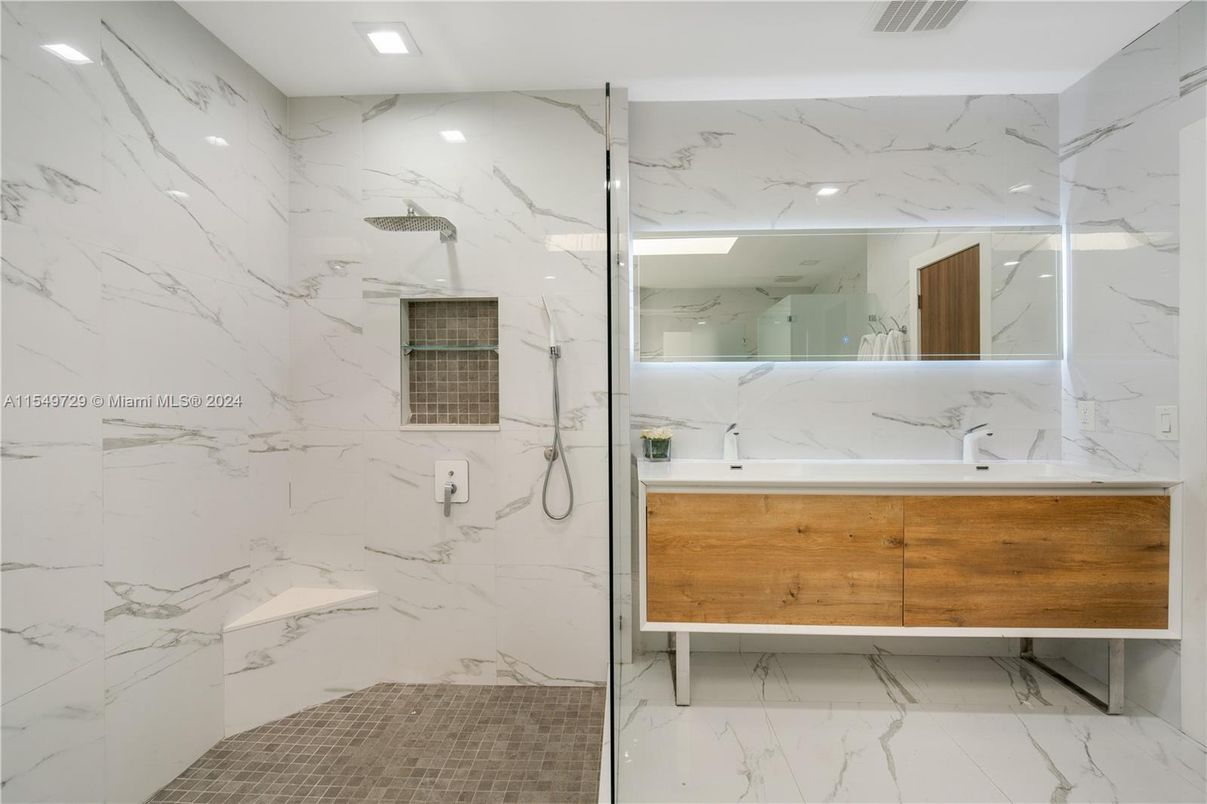 Bathroom, Glass Shower, Interior, Marble, Marble Walls, Recessed Lighting