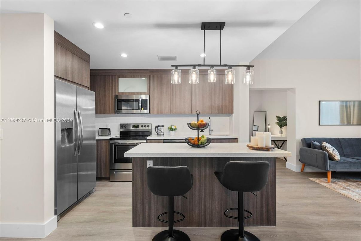 Interior, Kitchen, Pendant Lights, Recessed Lighting, Stainless Steel Appliances, Wood Texture Flooring