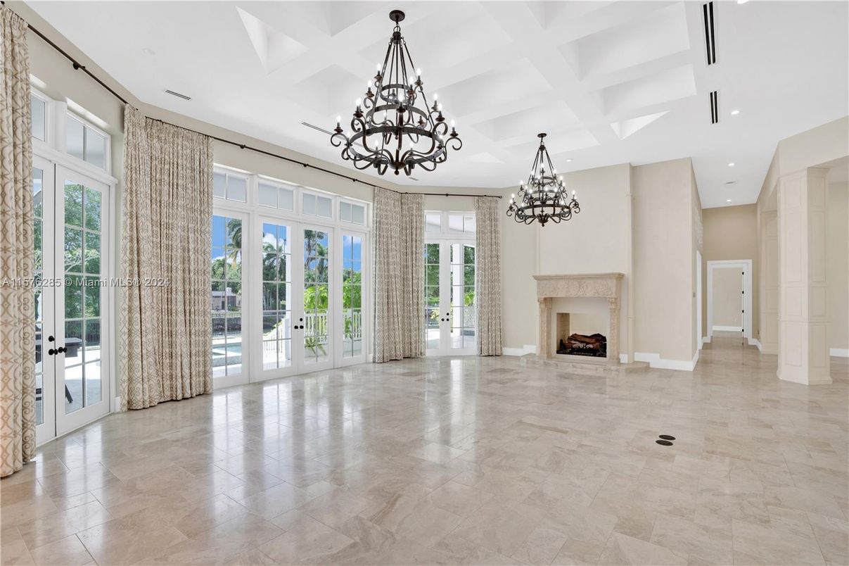 Chandelier, Empty room, Fireplace, Interior, Recessed Lighting