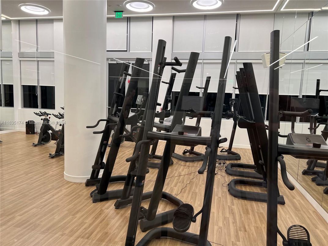 Fitness Equipment, Gym, Interior, Recessed Lighting, Wood Texture Flooring