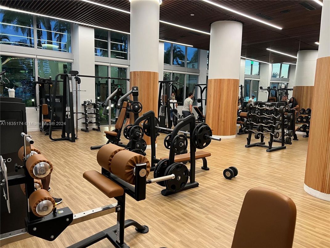 Fitness Equipment, Gym, Interior, Recessed Lighting, Wood Texture Flooring