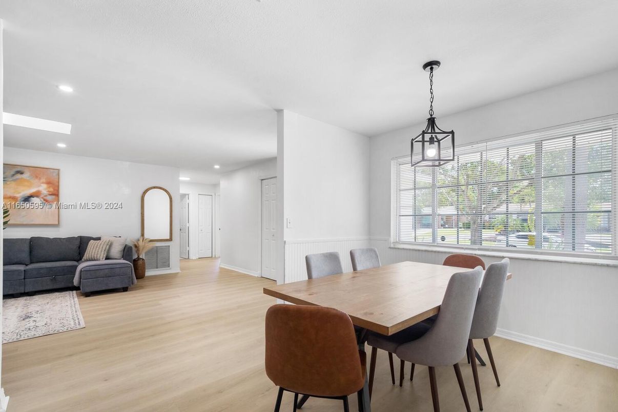 Dining room, Interior, Pendant Lights, Recessed Lighting, Wood Texture Flooring