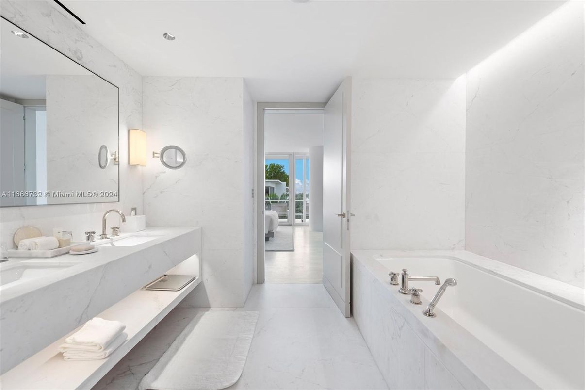 Bathroom, Dual Sink Vanities, Interior, Marble, Marble Walls, Recessed Lighting
