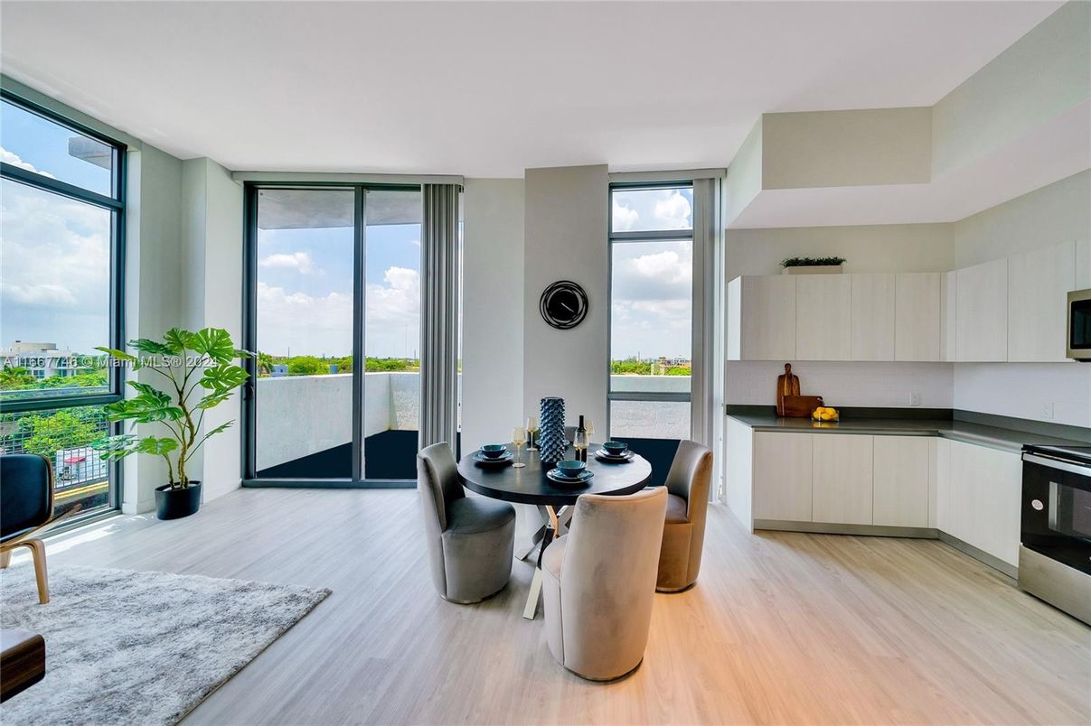 Dining room, Interior, Kitchen, Stainless Steel Appliances, Water, Wood Texture Flooring