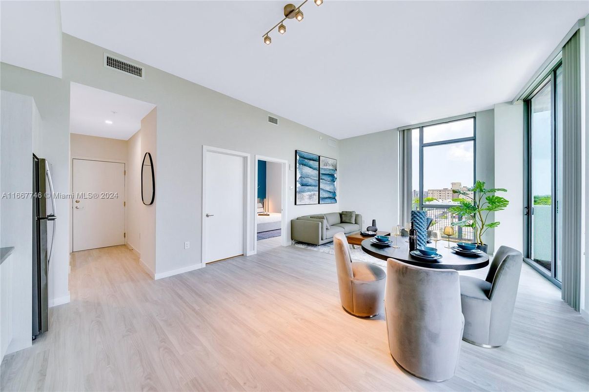 Dining room, Interior, Recessed Lighting, Wood Texture Flooring