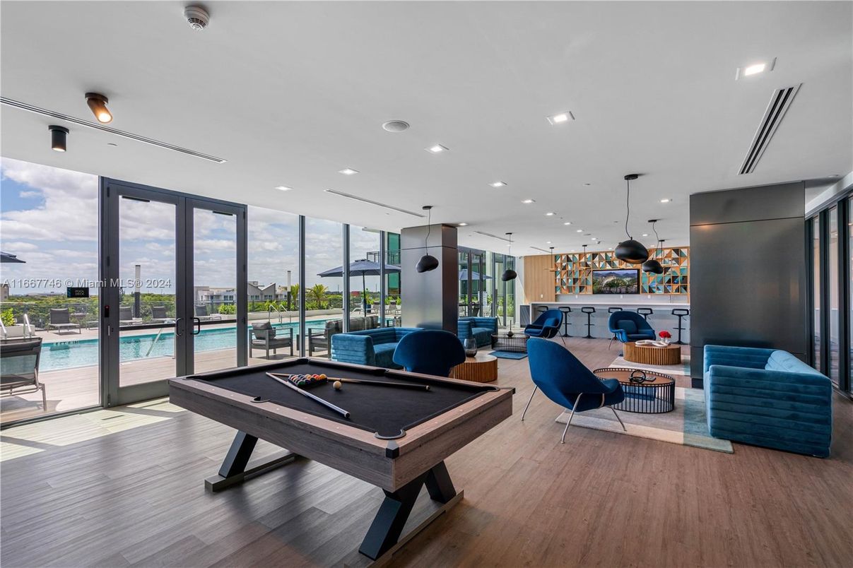 Billiard Table, Game Room, Interior, Pendant Lights, Recessed Lighting, Water, Wood Texture Flooring