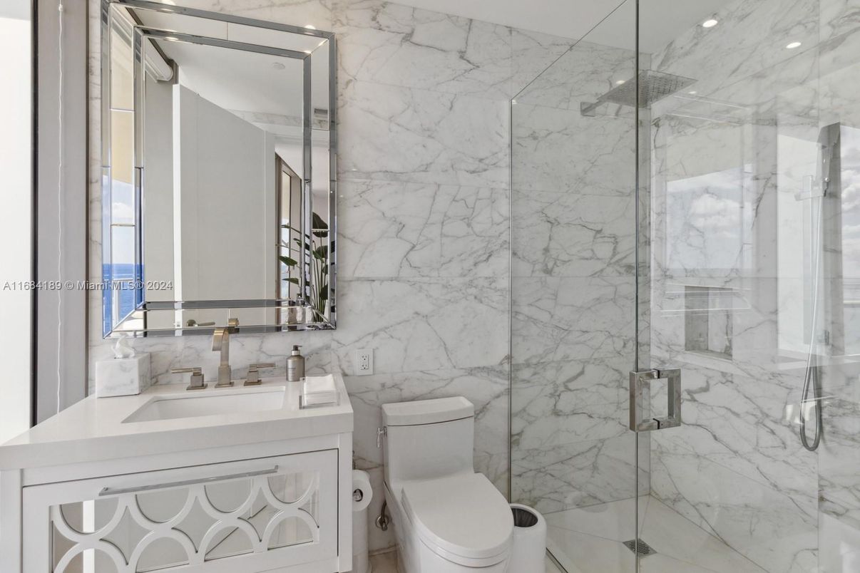 Bathroom, Glass Shower, Interior, Marble Walls, Recessed Lighting