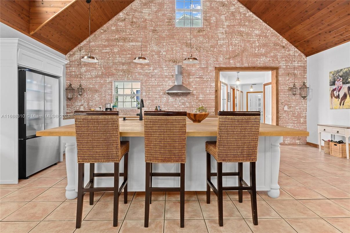 Interior, Kitchen, Pendant Lights, Stone Walls, Wooden Ceilings