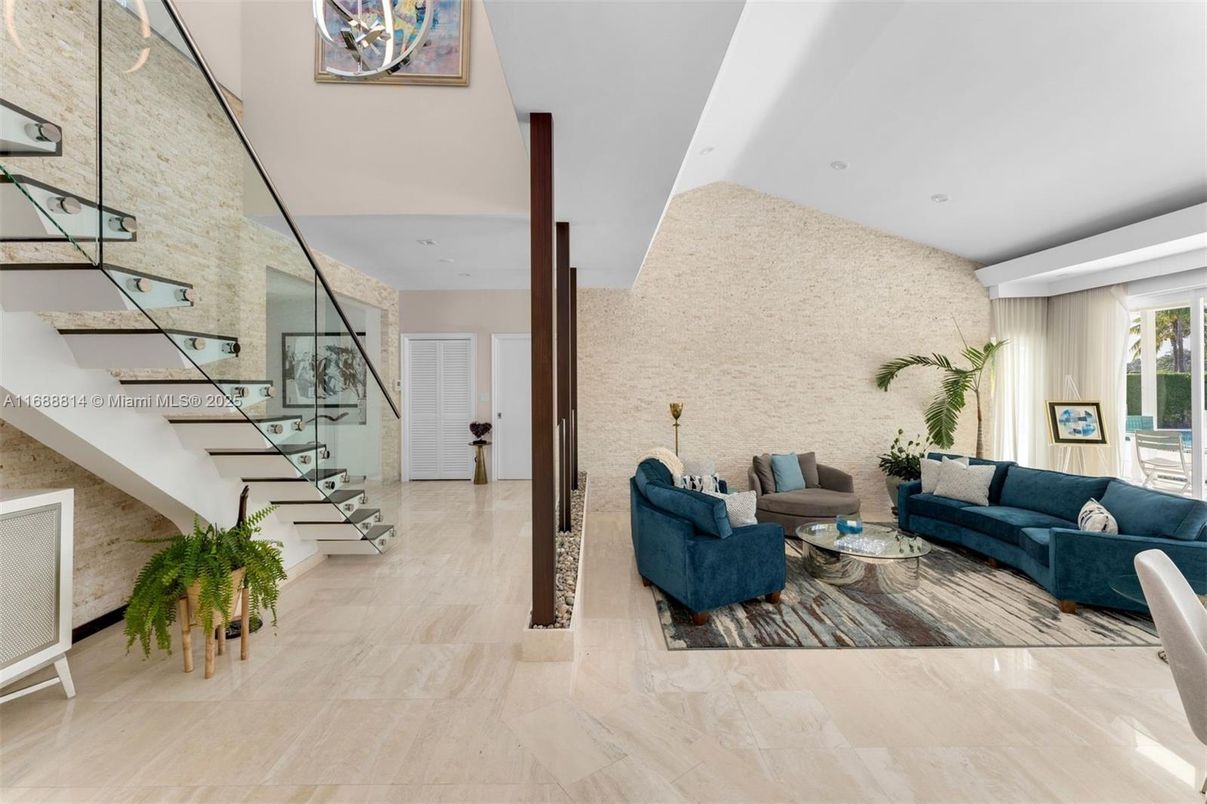 Interior, Living room, Recessed Lighting, Stone Walls