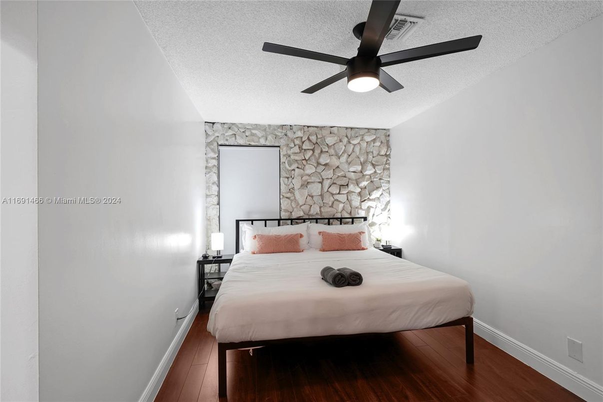 Bedroom, Interior, Stone Walls, Wood Texture Flooring