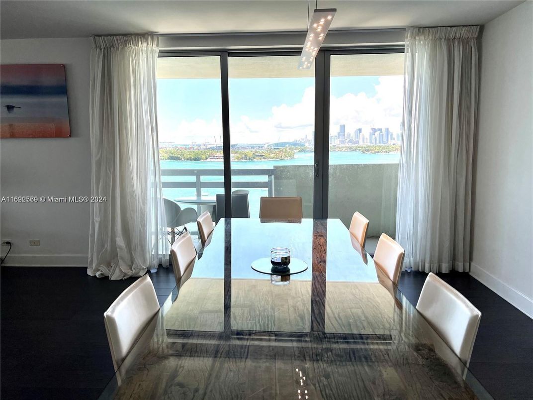 Dining room, Interior, Pendant Lights, Water, Wood Texture Flooring