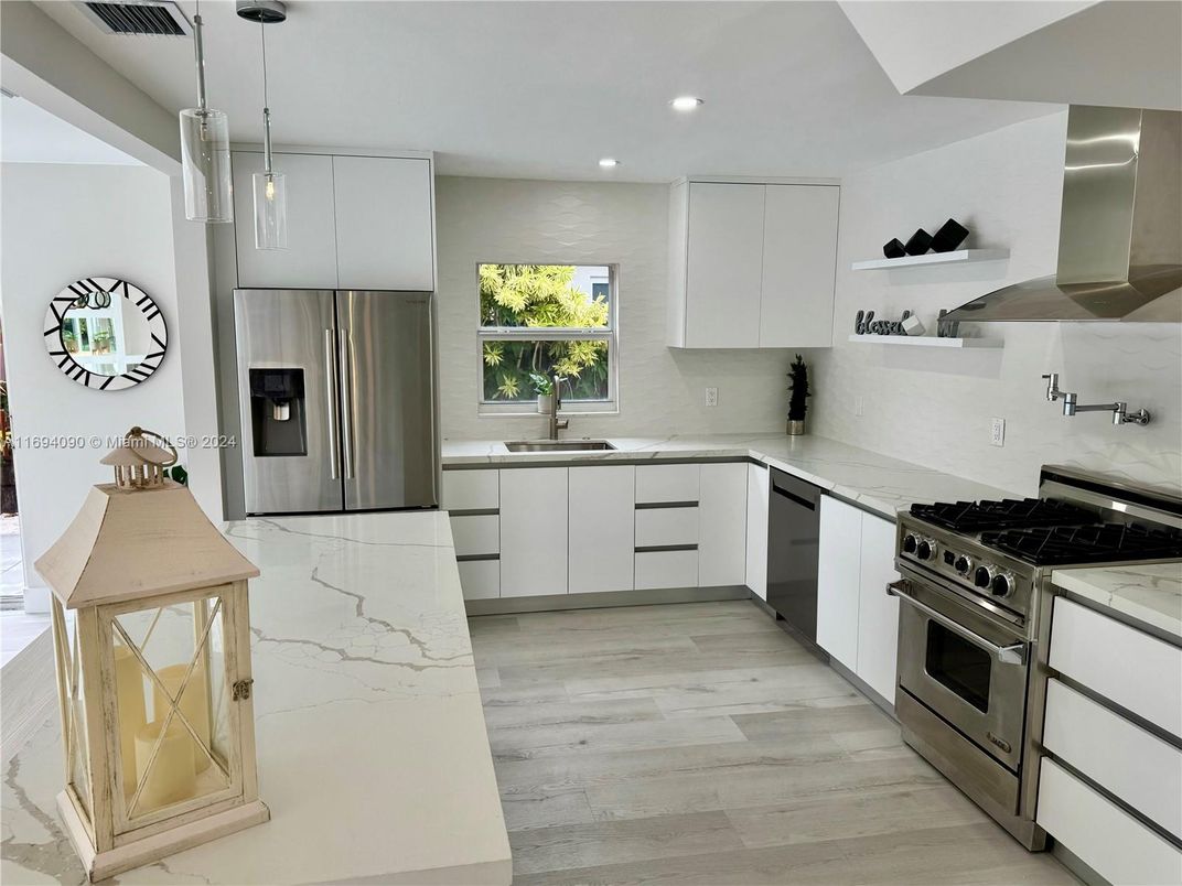 Interior, Kitchen, Pendant Lights, Recessed Lighting, Stainless Steel Appliances, Wood Texture Flooring