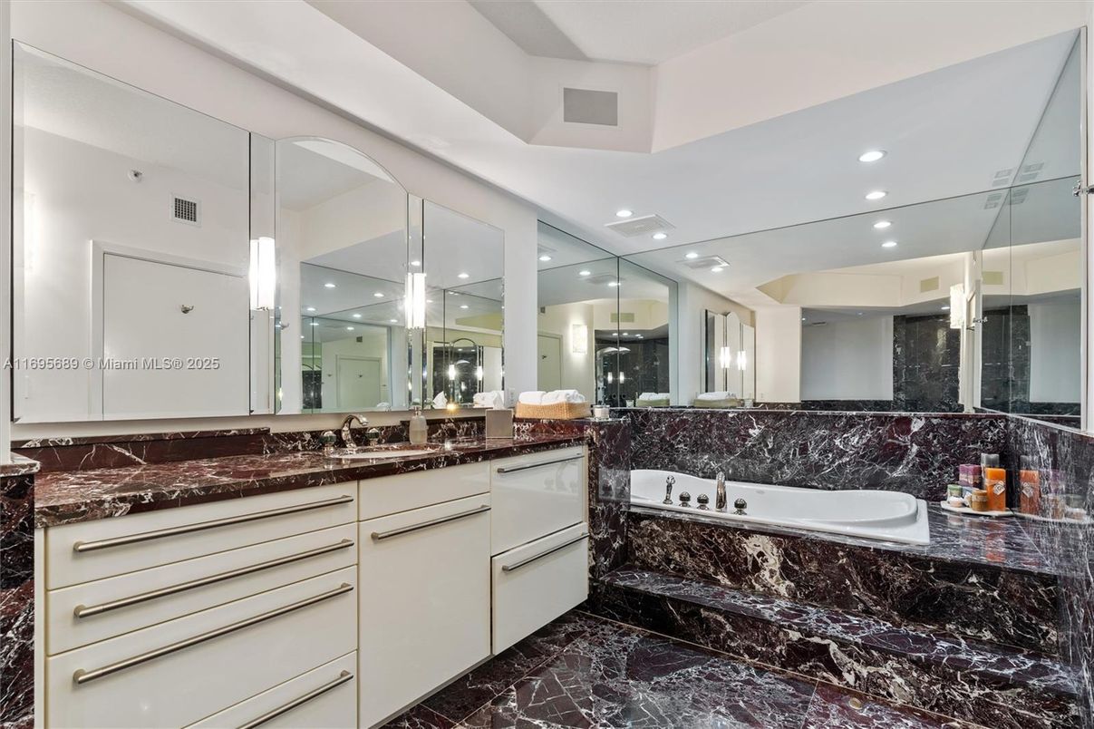 Bathroom, Dual Sink Vanities, Interior, Marble, Recessed Lighting