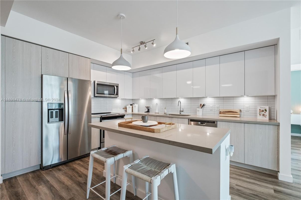Interior, Kitchen, Pendant Lights, Stainless Steel Appliances, Wood Texture Flooring